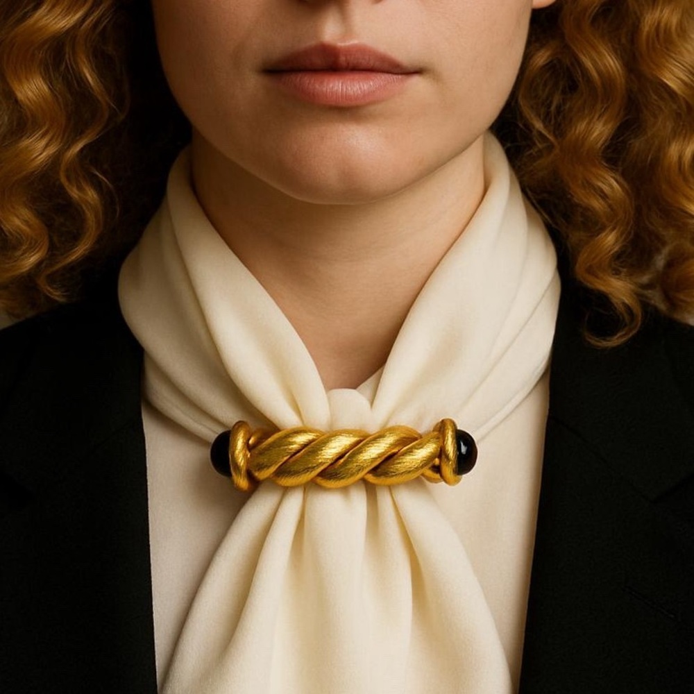 MCM ROPE TWISTED BRASS/BRONZE BASE BROOCH BLK CARBUNCLES @ EACH END RETRO LUXURY